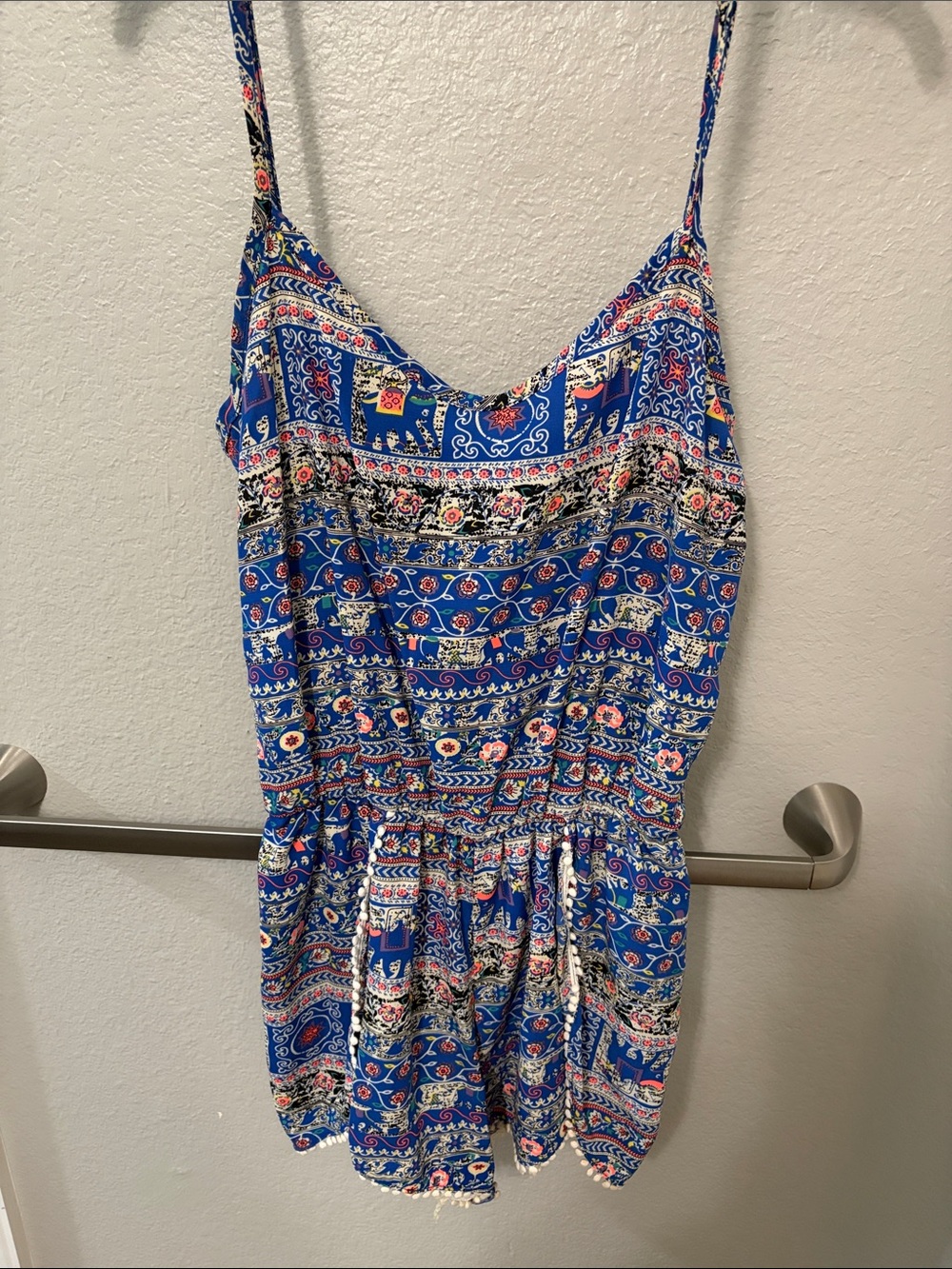 Blue Printed Spaghetti-Strap Romper